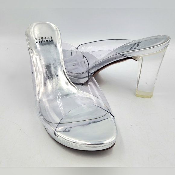 Stuart Weitzman Kristal Clear Lucite PVC Silver Mule Heels Womens 7 Open Toe - Picture 1 of 15